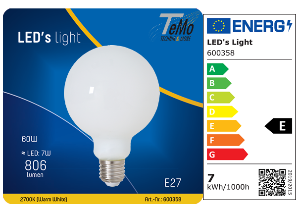 1 STÜCK (VPE) SHADA LED Globe E27 806lm 7W, Warmweiss 2700K, G95 Opal, EEC: E (0600358)